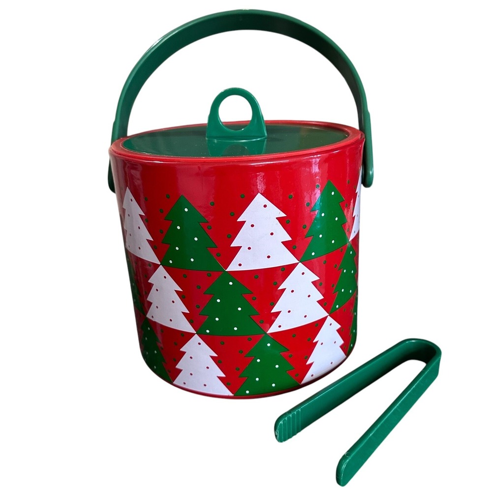 Giraffe MCM Christmas Bar Ware Ice Bucket With‎ Tong Red Christmas Trees Vintage